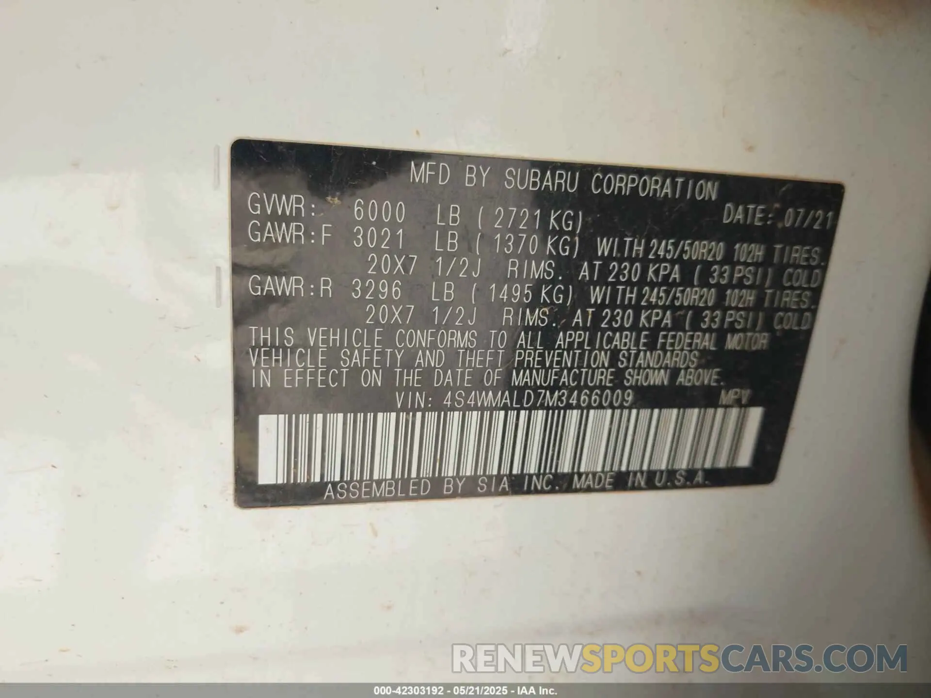 9 Photograph of a damaged car 4S4WMALD7M3466009 SUBARU ASCENT 2021