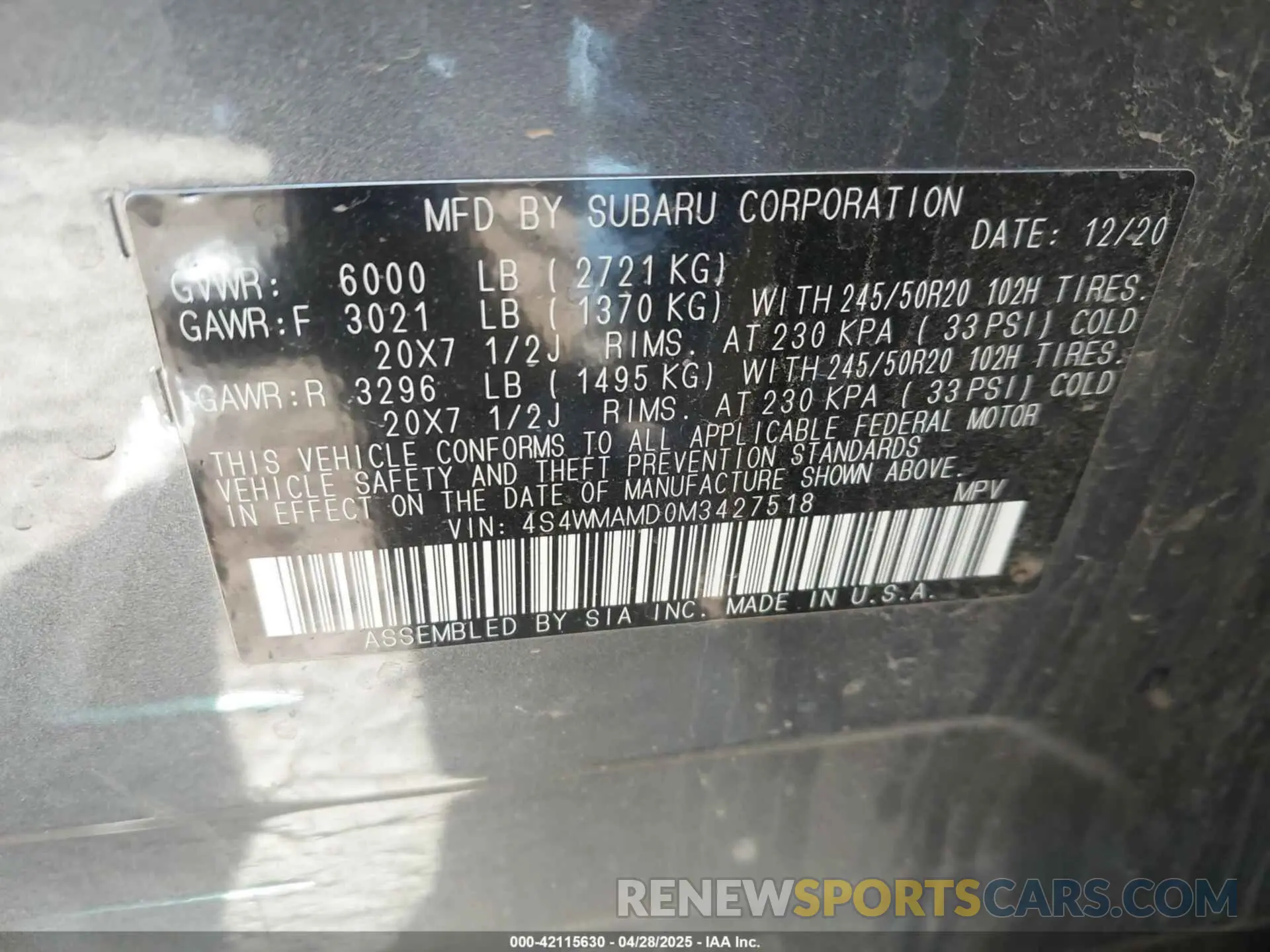 9 Photograph of a damaged car 4S4WMAMD0M3427518 SUBARU ASCENT 2021