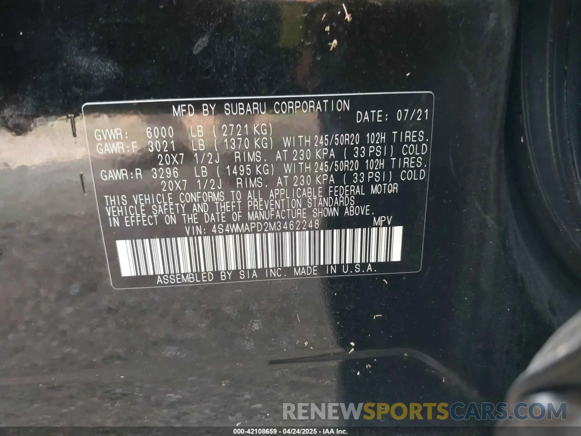 9 Photograph of a damaged car 4S4WMAPD2M3462248 SUBARU ASCENT 2021