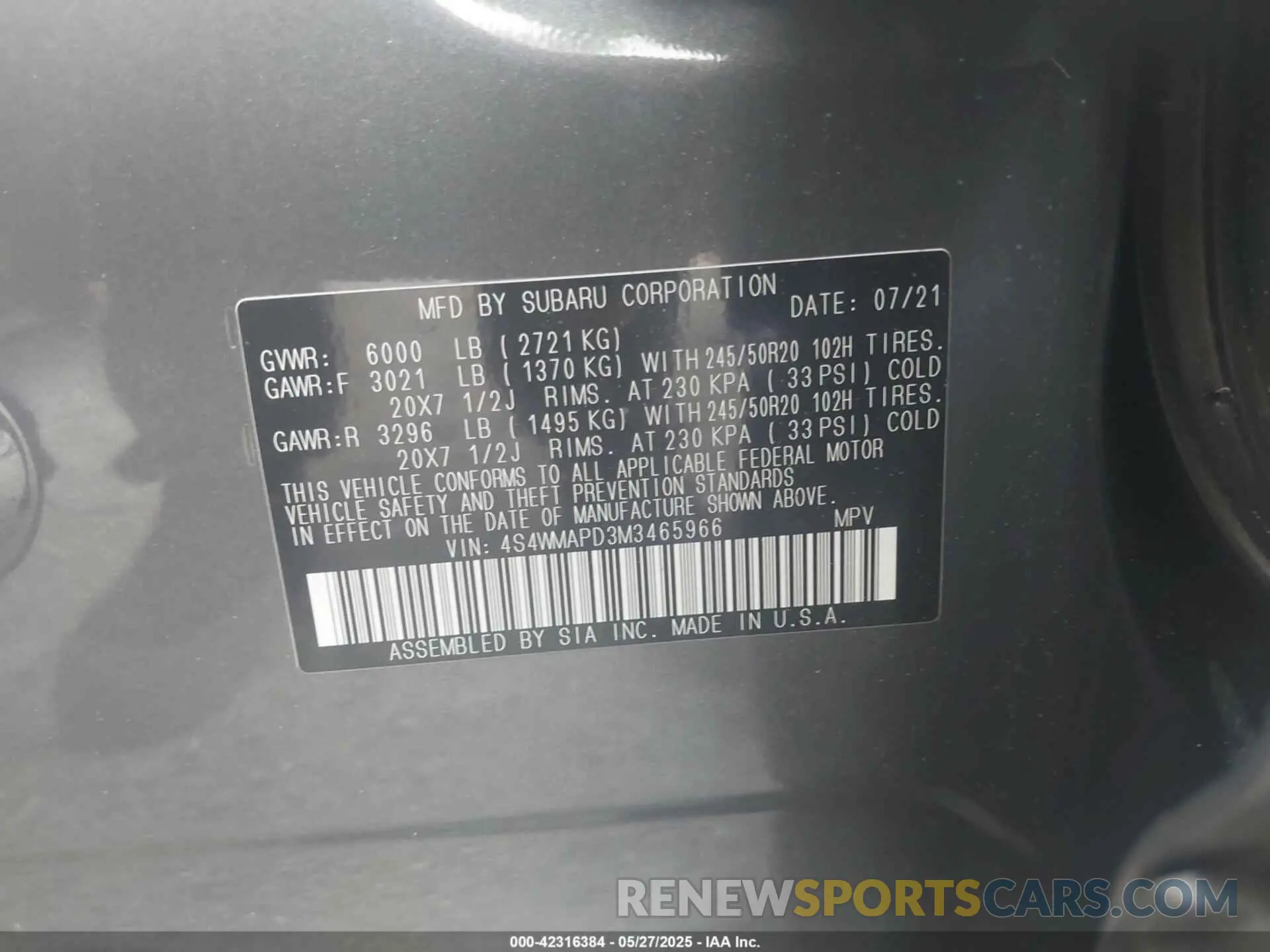 9 Photograph of a damaged car 4S4WMAPD3M3465966 SUBARU ASCENT 2021