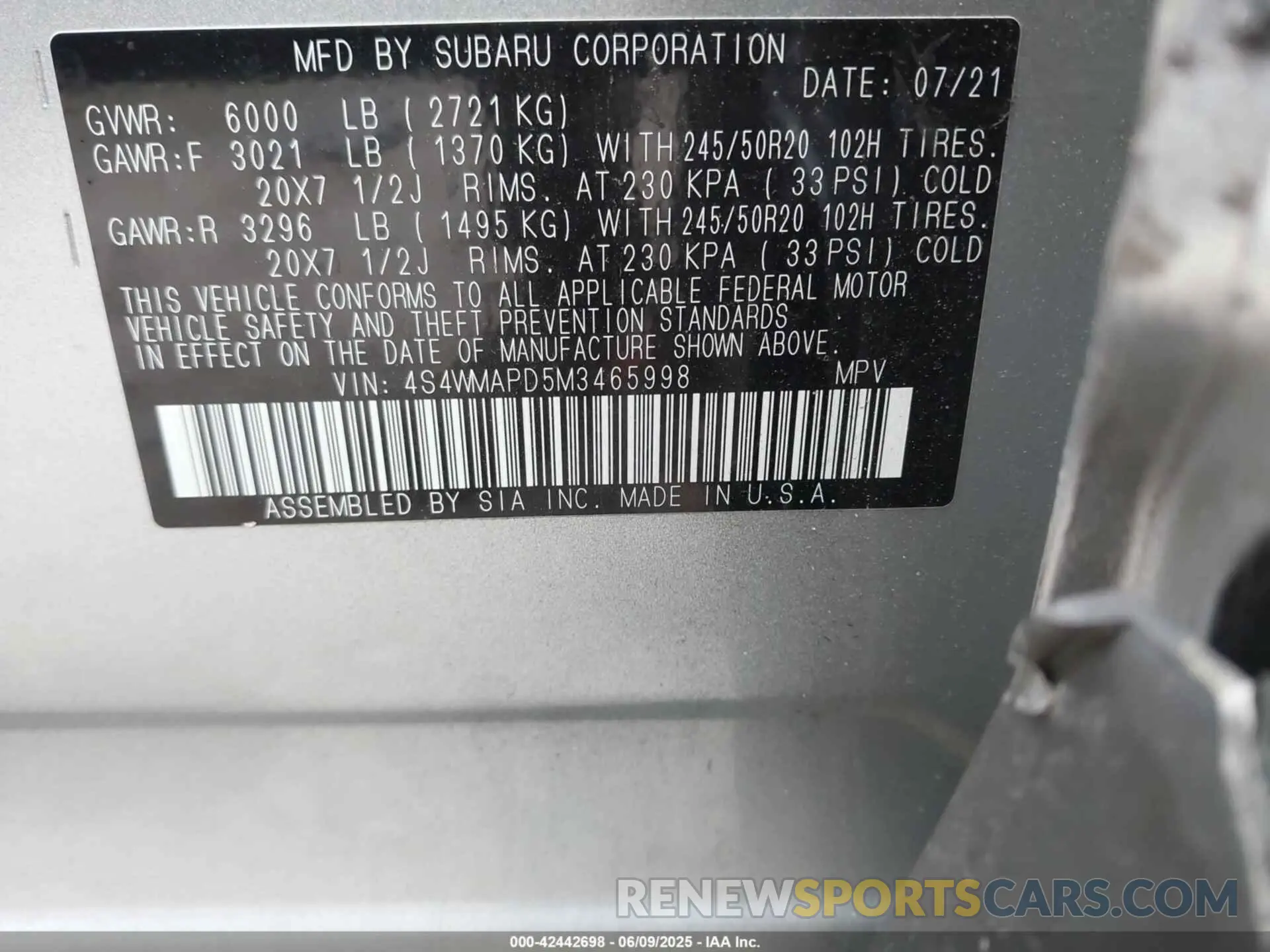 9 Photograph of a damaged car 4S4WMAPD5M3465998 SUBARU ASCENT 2021