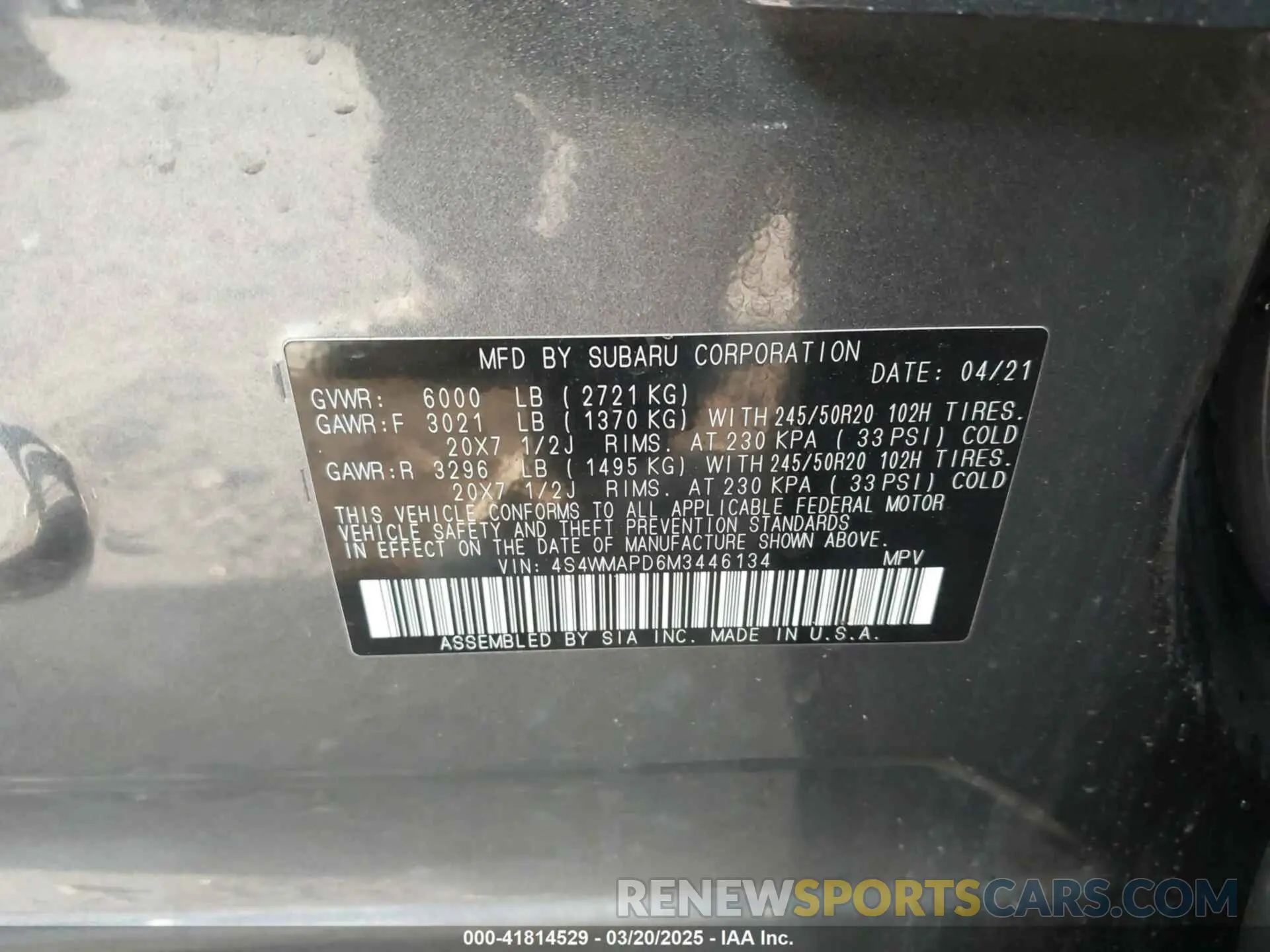 9 Photograph of a damaged car 4S4WMAPD6M3446134 SUBARU ASCENT 2021