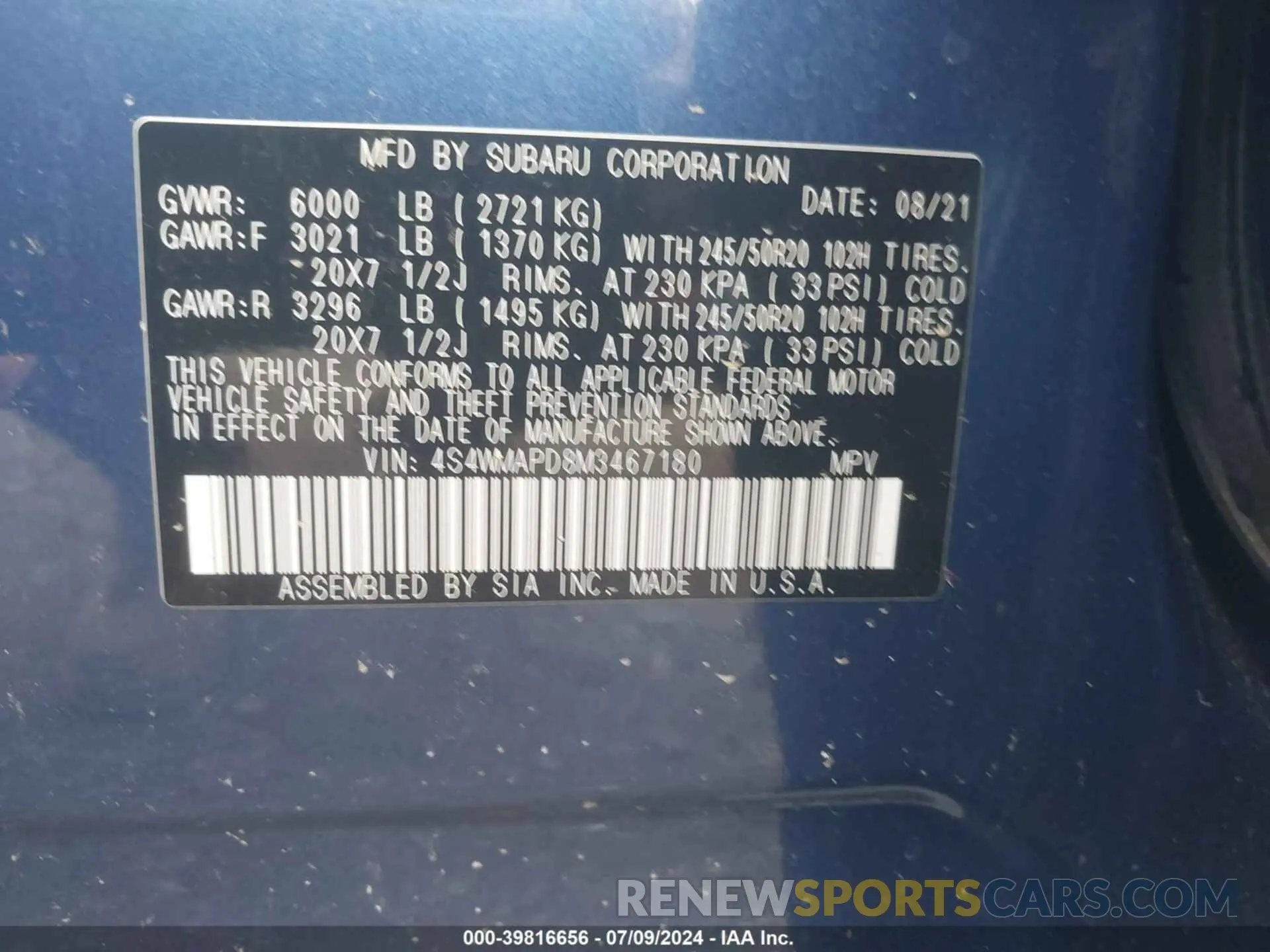 9 Photograph of a damaged car 4S4WMAPD8M3467180 SUBARU ASCENT 2021