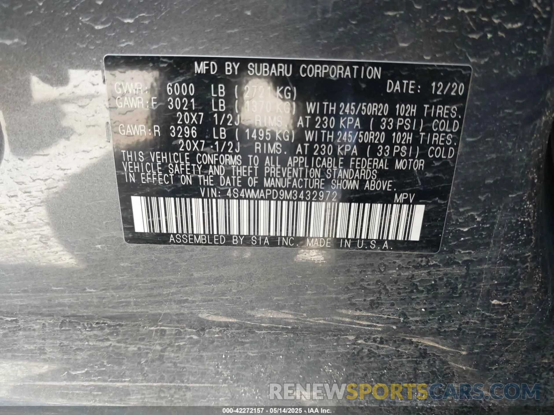 9 Photograph of a damaged car 4S4WMAPD9M3432972 SUBARU ASCENT 2021