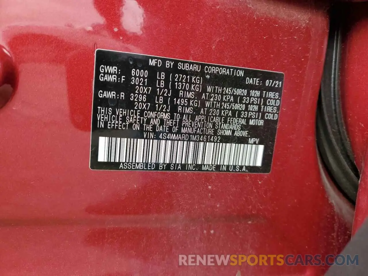 12 Photograph of a damaged car 4S4WMARD1M3461492 SUBARU ASCENT 2021