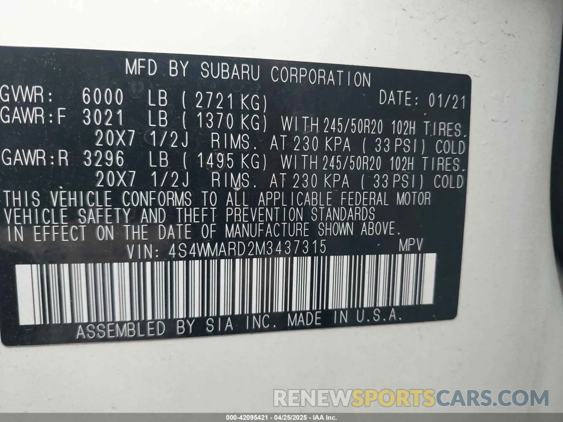 9 Photograph of a damaged car 4S4WMARD2M3437315 SUBARU ASCENT 2021