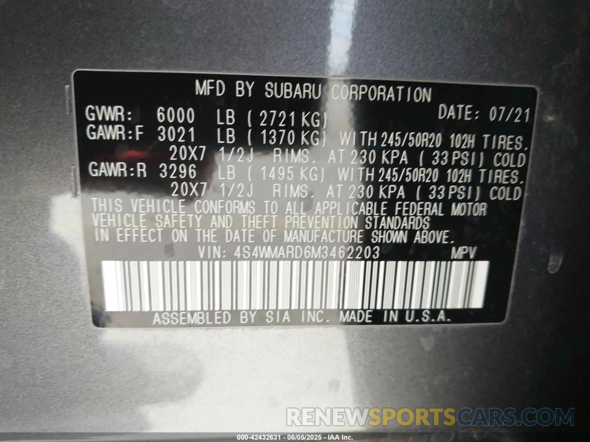 9 Photograph of a damaged car 4S4WMARD6M3462203 SUBARU ASCENT 2021