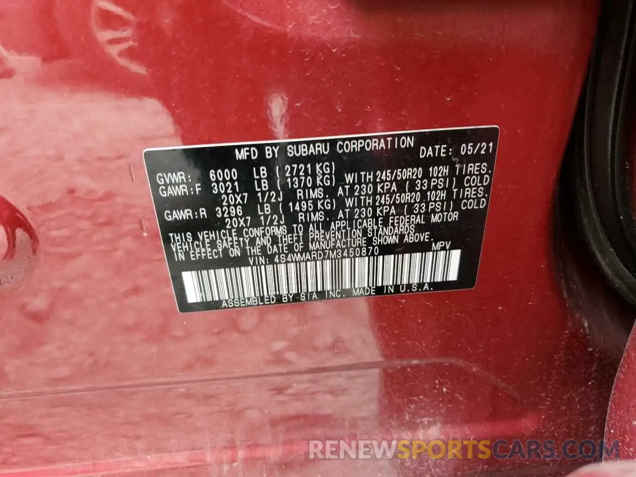 13 Photograph of a damaged car 4S4WMARD7M3450870 SUBARU ASCENT 2021