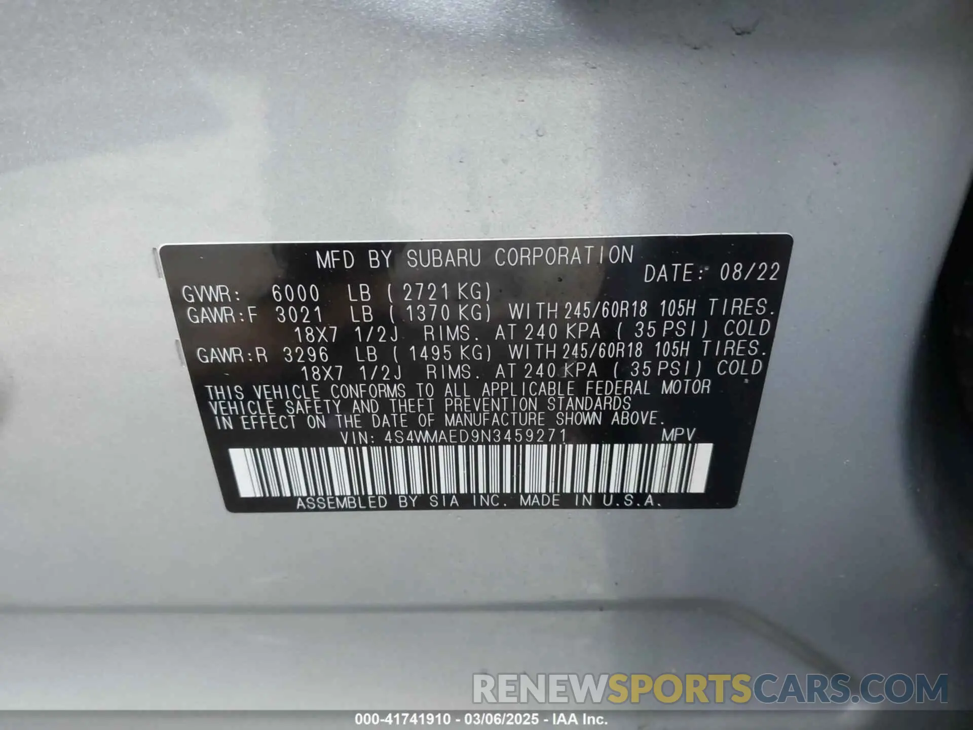 9 Photograph of a damaged car 4S4WMAED9N3459271 SUBARU ASCENT 2022