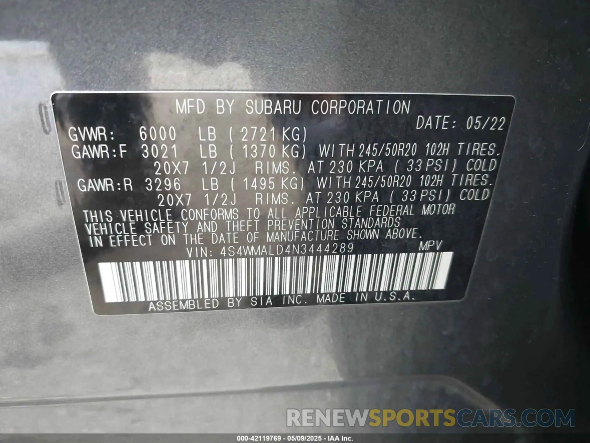 9 Photograph of a damaged car 4S4WMALD4N3444289 SUBARU ASCENT 2022