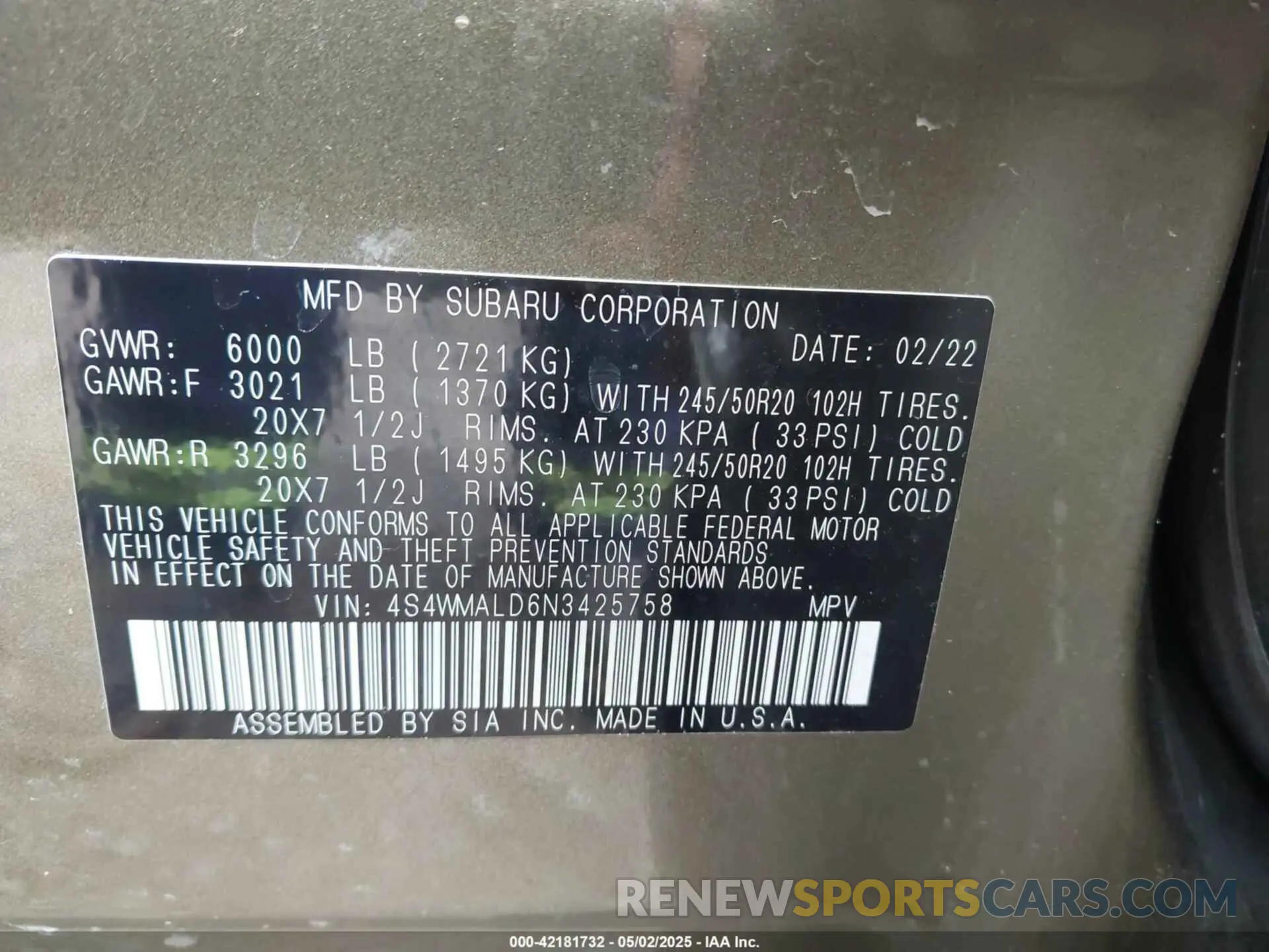 9 Photograph of a damaged car 4S4WMALD6N3425758 SUBARU ASCENT 2022