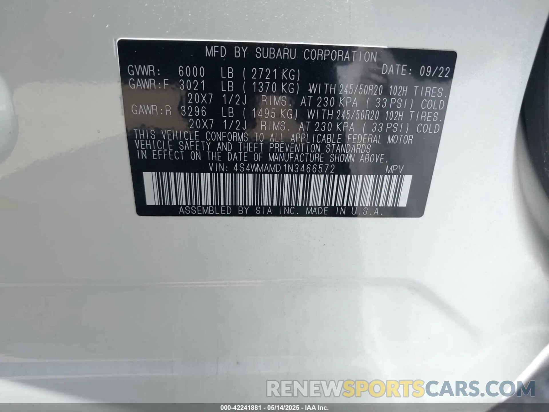 9 Photograph of a damaged car 4S4WMAMD1N3466572 SUBARU ASCENT 2022