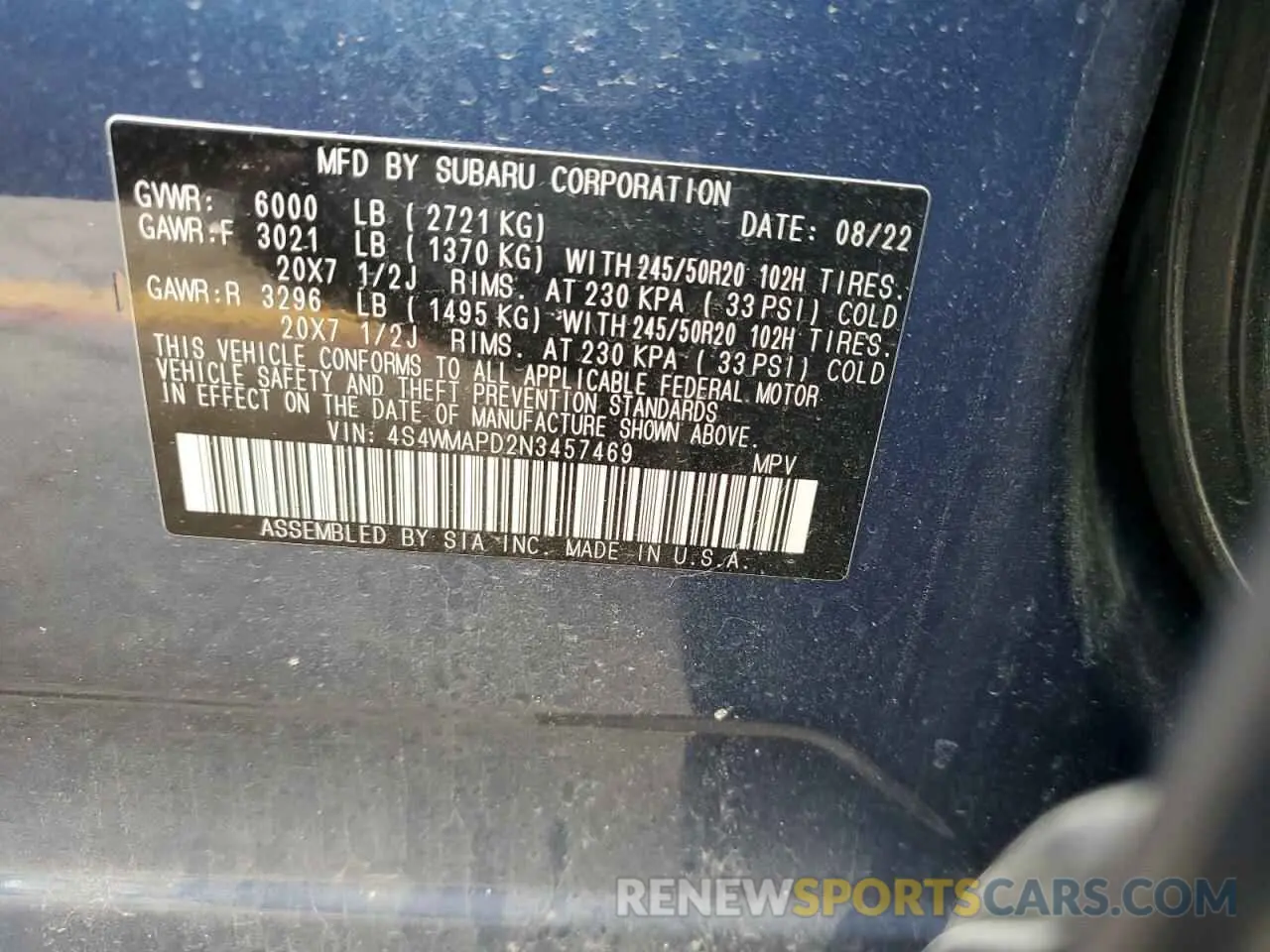 12 Photograph of a damaged car 4S4WMAPD2N3457469 SUBARU ASCENT 2022