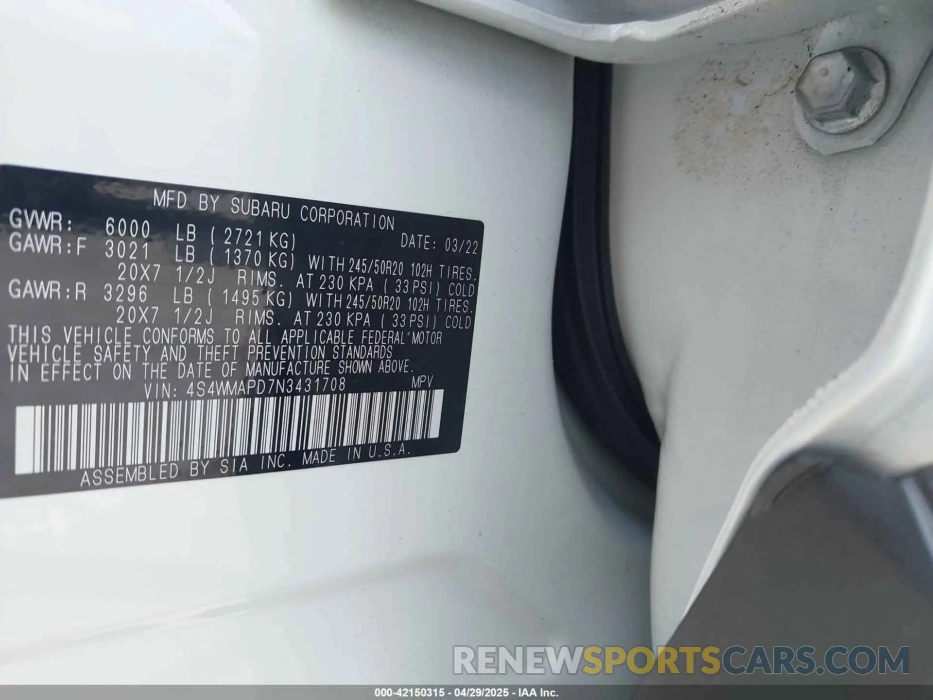 9 Photograph of a damaged car 4S4WMAPD7N3431708 SUBARU ASCENT 2022