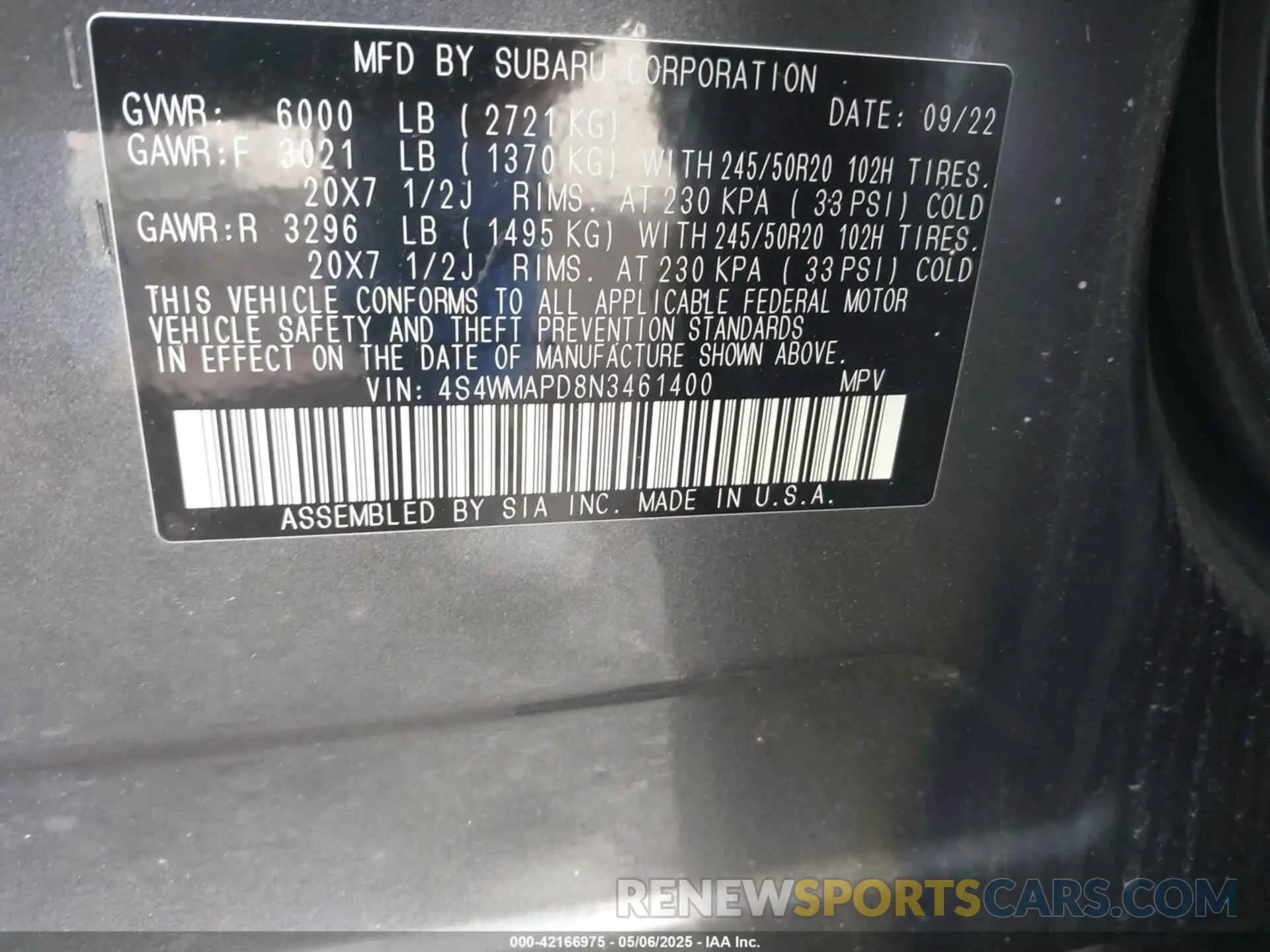 9 Photograph of a damaged car 4S4WMAPD8N3461400 SUBARU ASCENT 2022