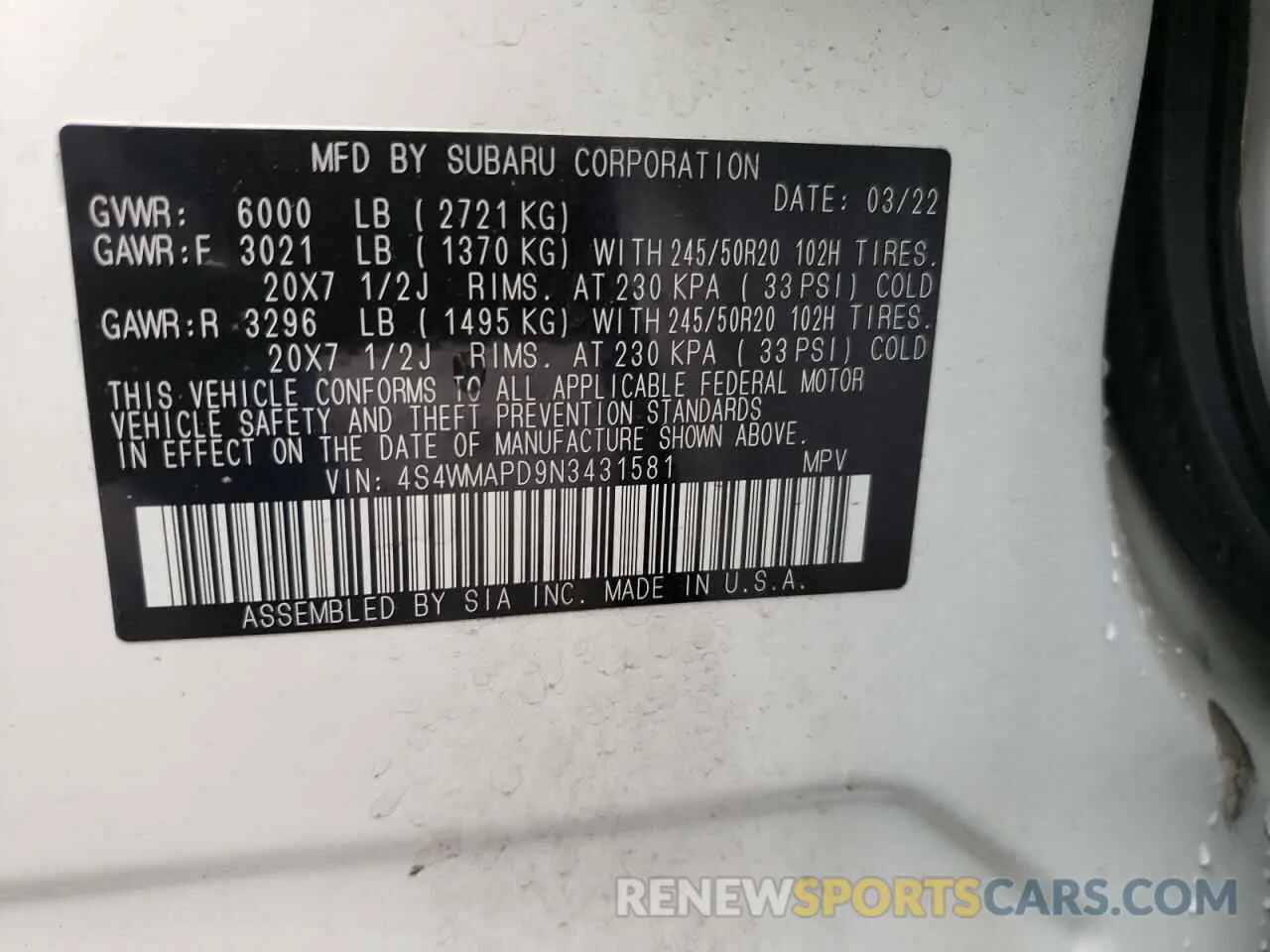 16 Photograph of a damaged car 4S4WMAPD9N3431581 SUBARU ASCENT 2022