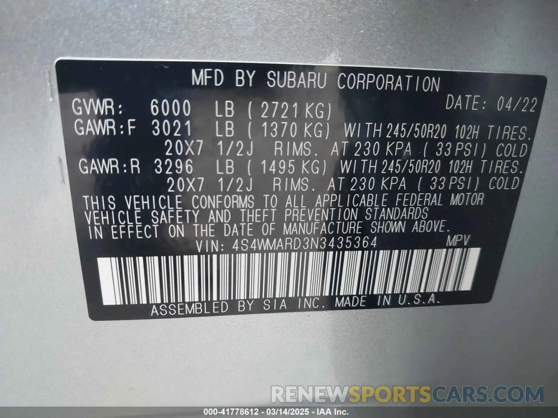 9 Photograph of a damaged car 4S4WMARD3N3435364 SUBARU ASCENT 2022