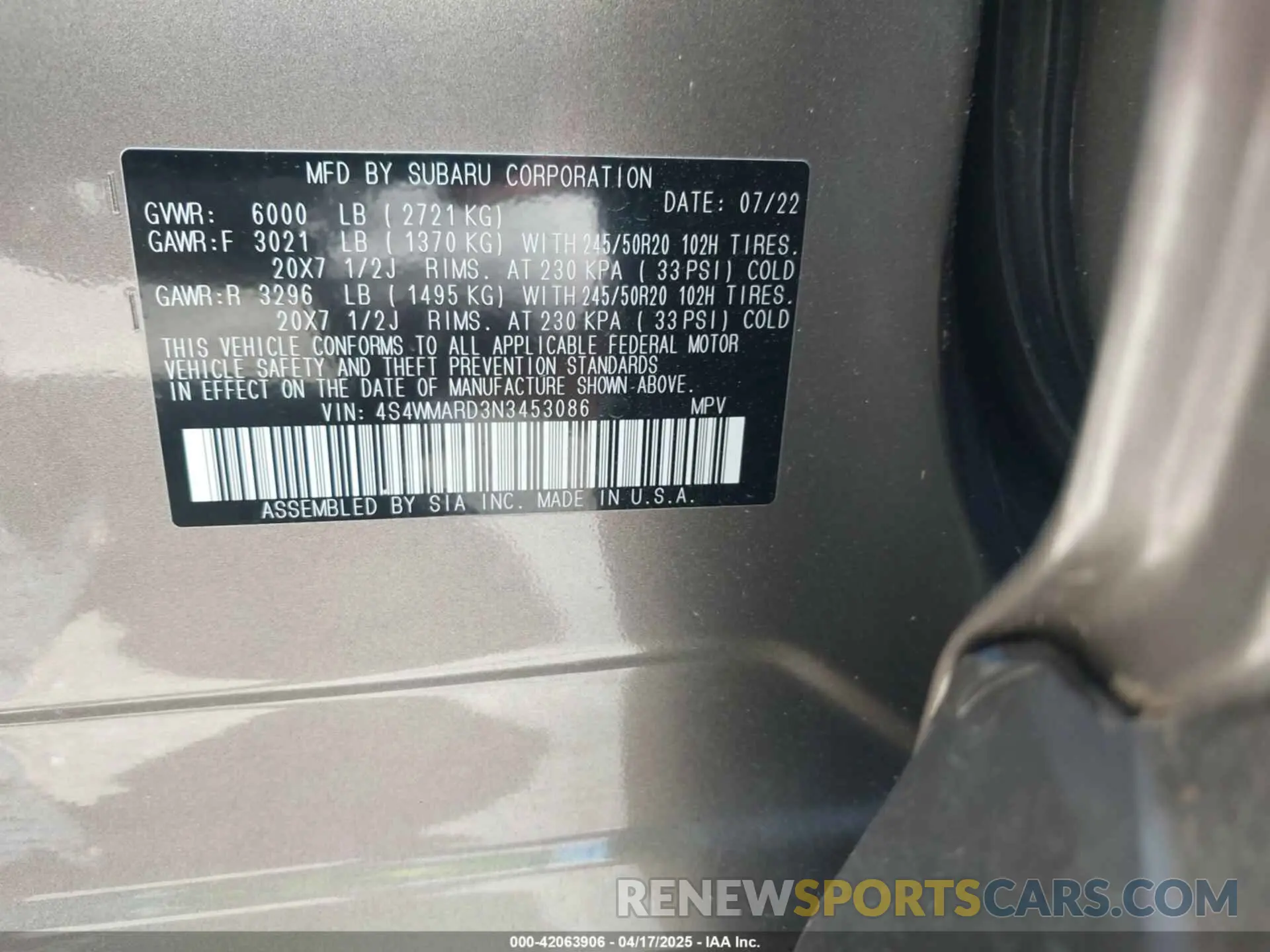 9 Photograph of a damaged car 4S4WMARD3N3453086 SUBARU ASCENT 2022