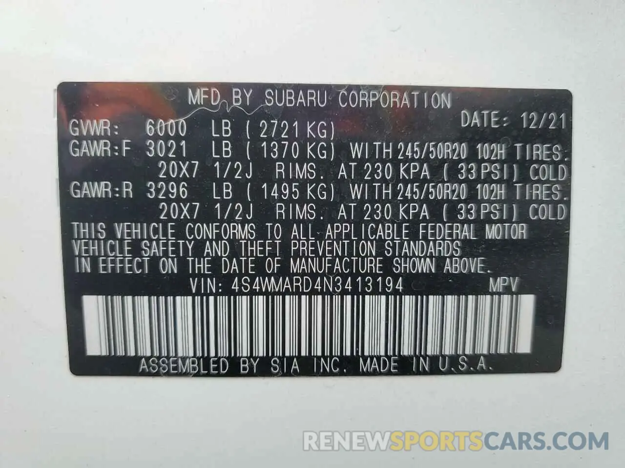 14 Photograph of a damaged car 4S4WMARD4N3413194 SUBARU ASCENT 2022