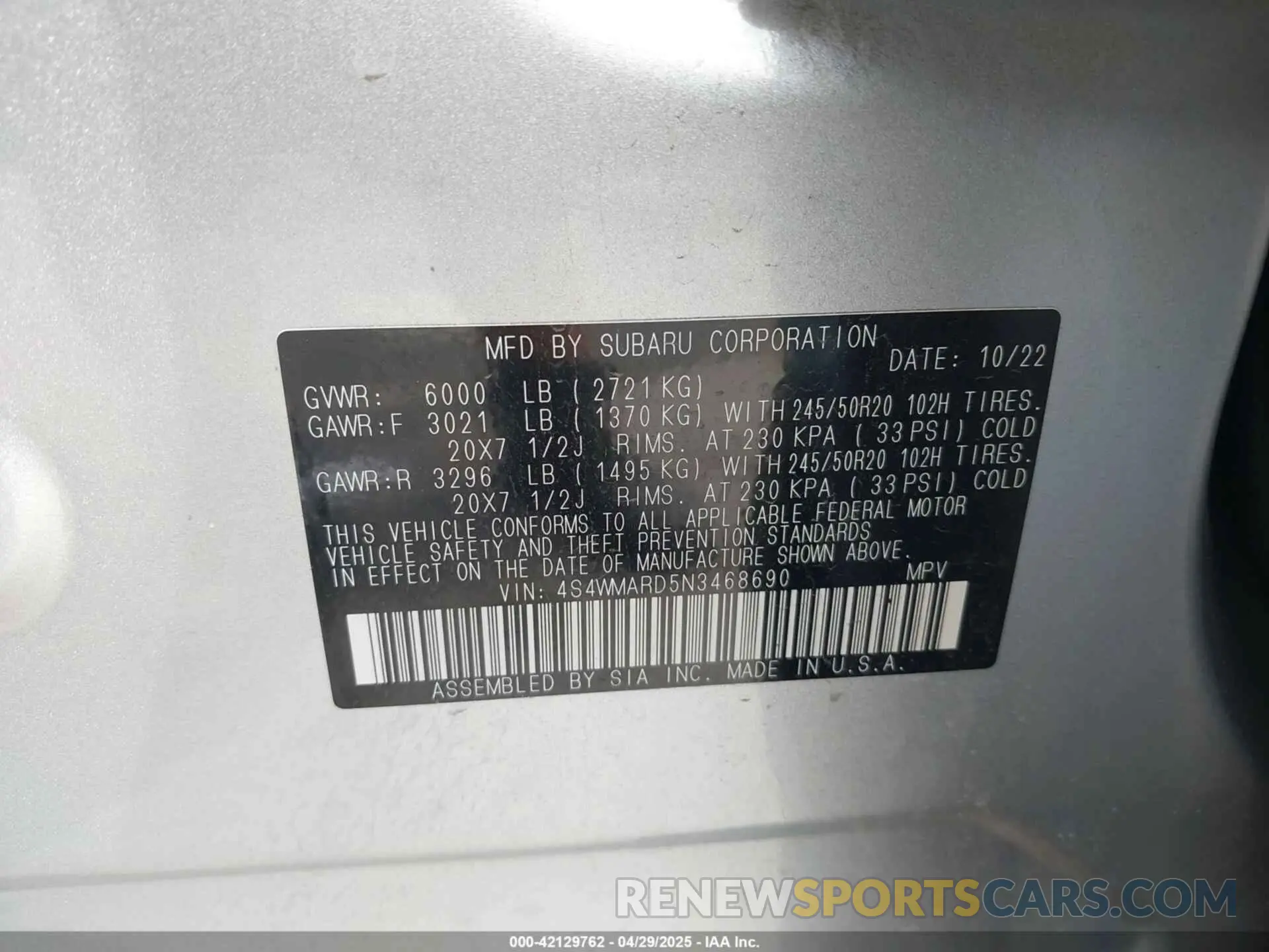 9 Photograph of a damaged car 4S4WMARD5N3468690 SUBARU ASCENT 2022