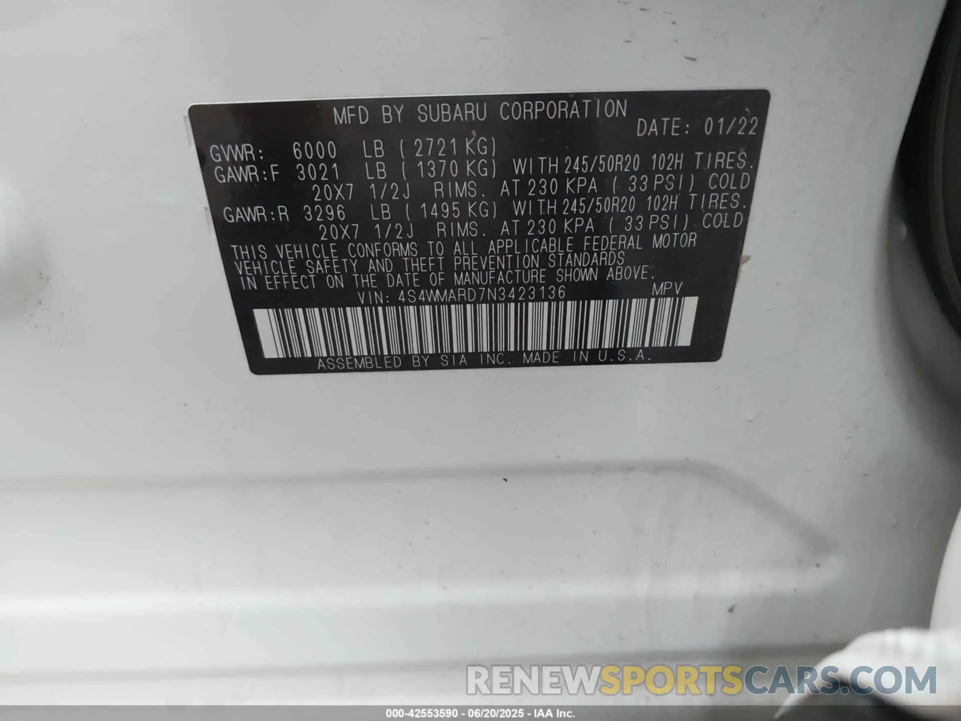 9 Photograph of a damaged car 4S4WMARD7N3423136 SUBARU ASCENT 2022