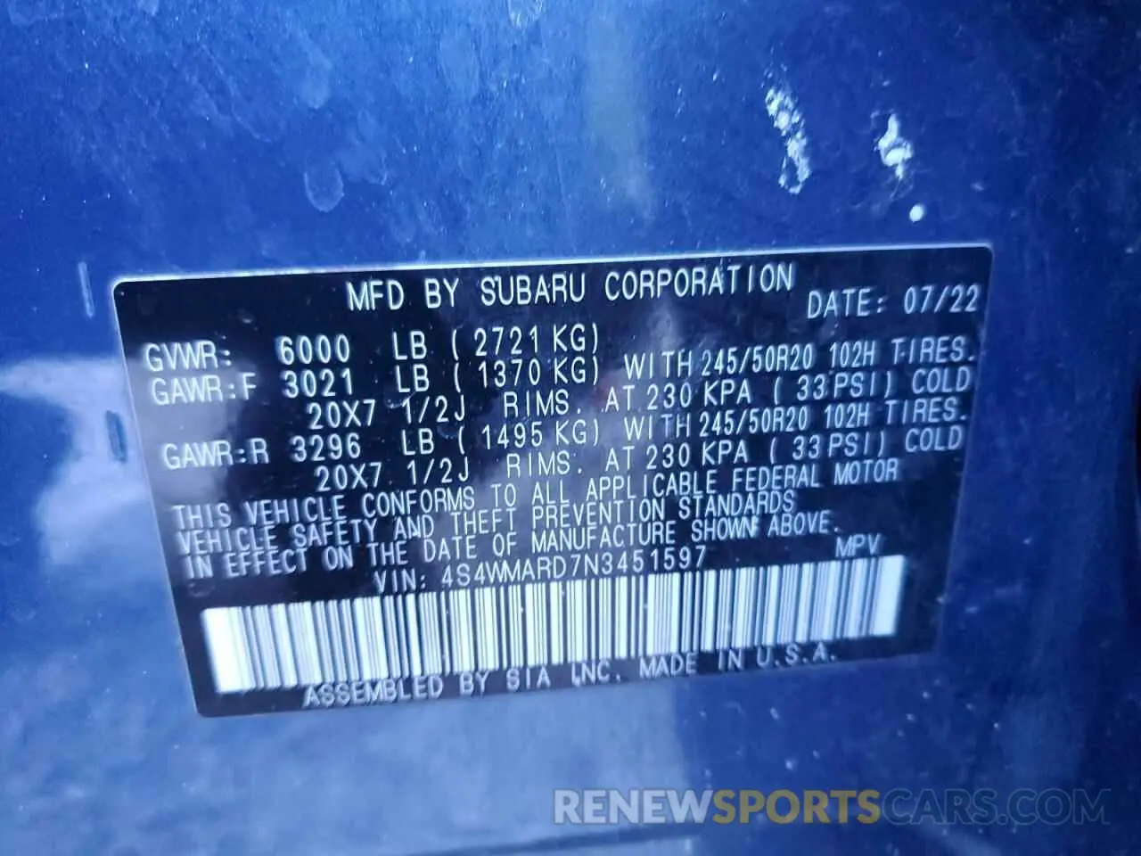 14 Photograph of a damaged car 4S4WMARD7N3451597 SUBARU ASCENT 2022