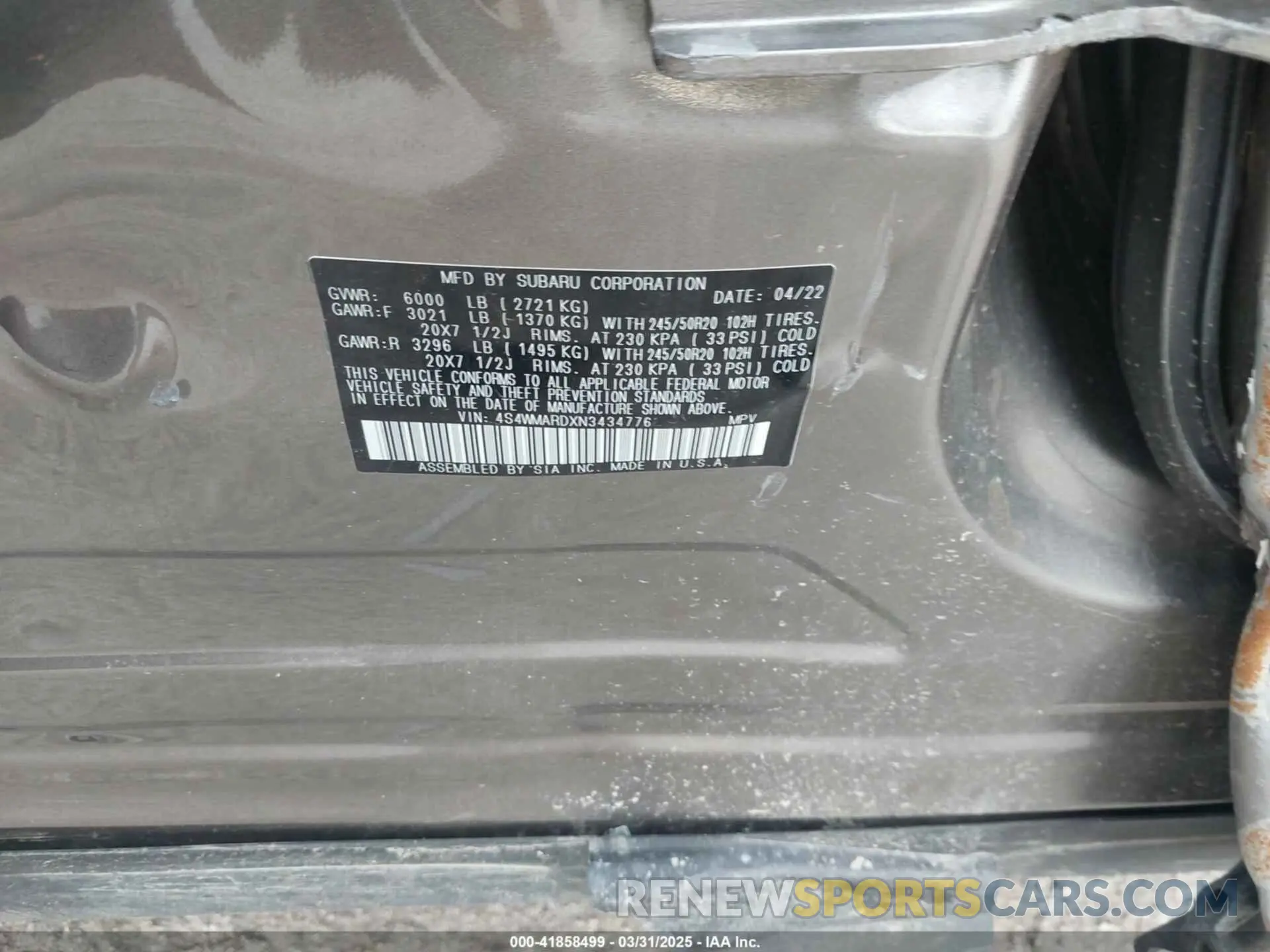 9 Photograph of a damaged car 4S4WMARDXN3434776 SUBARU ASCENT 2022