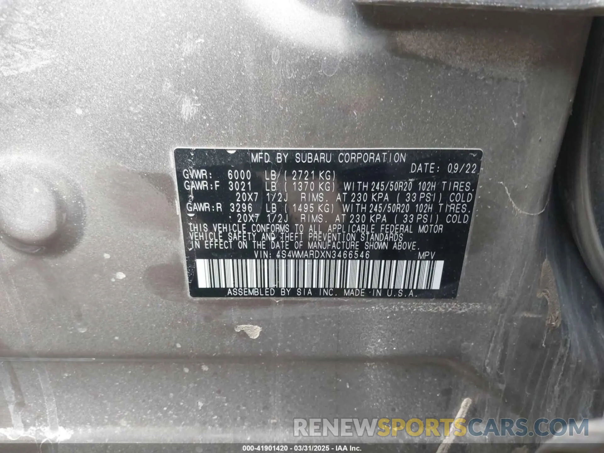 9 Photograph of a damaged car 4S4WMARDXN3466546 SUBARU ASCENT 2022