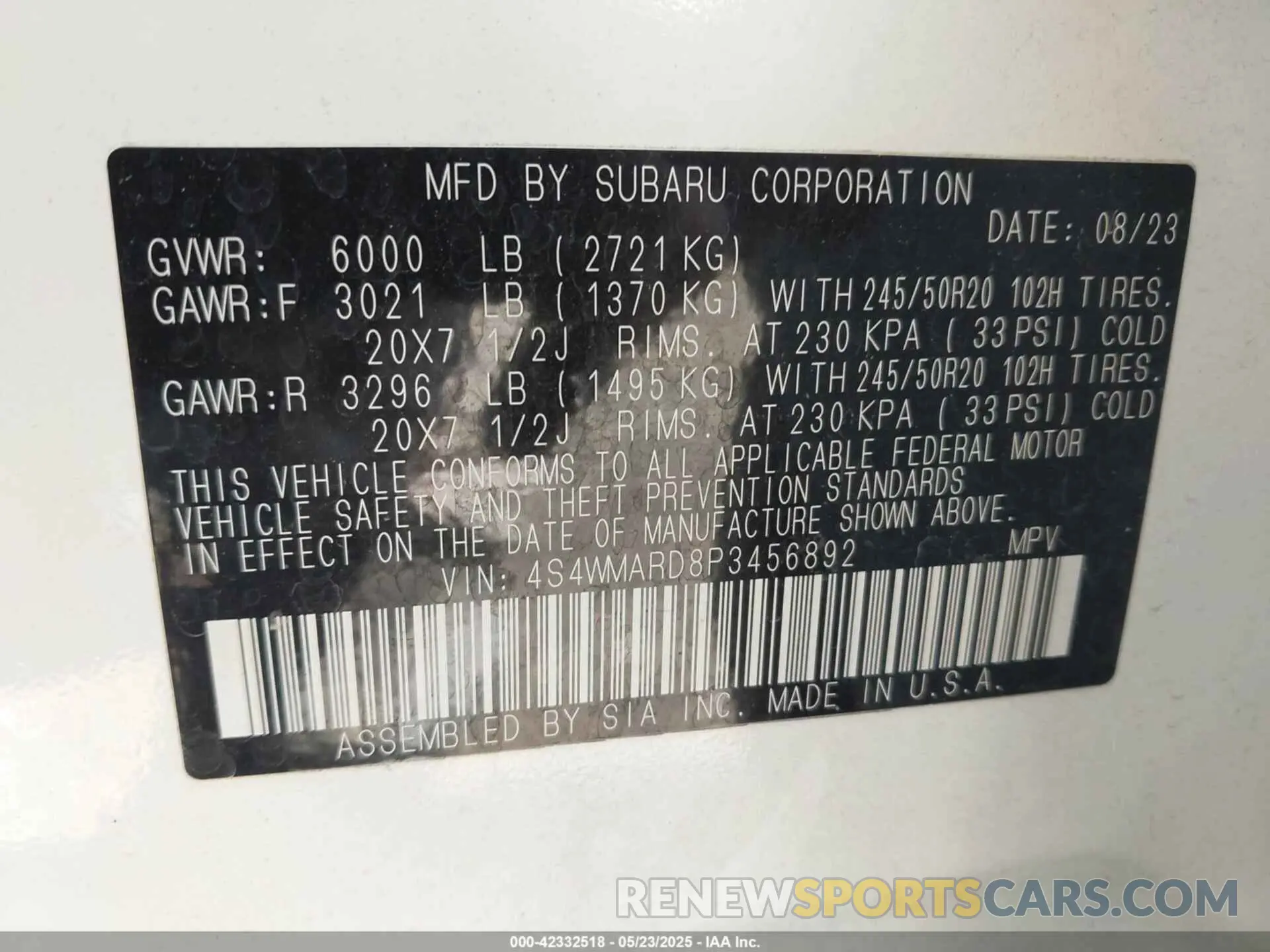 9 Photograph of a damaged car 4S4WMARD8P3456892 SUBARU ASCENT 2023