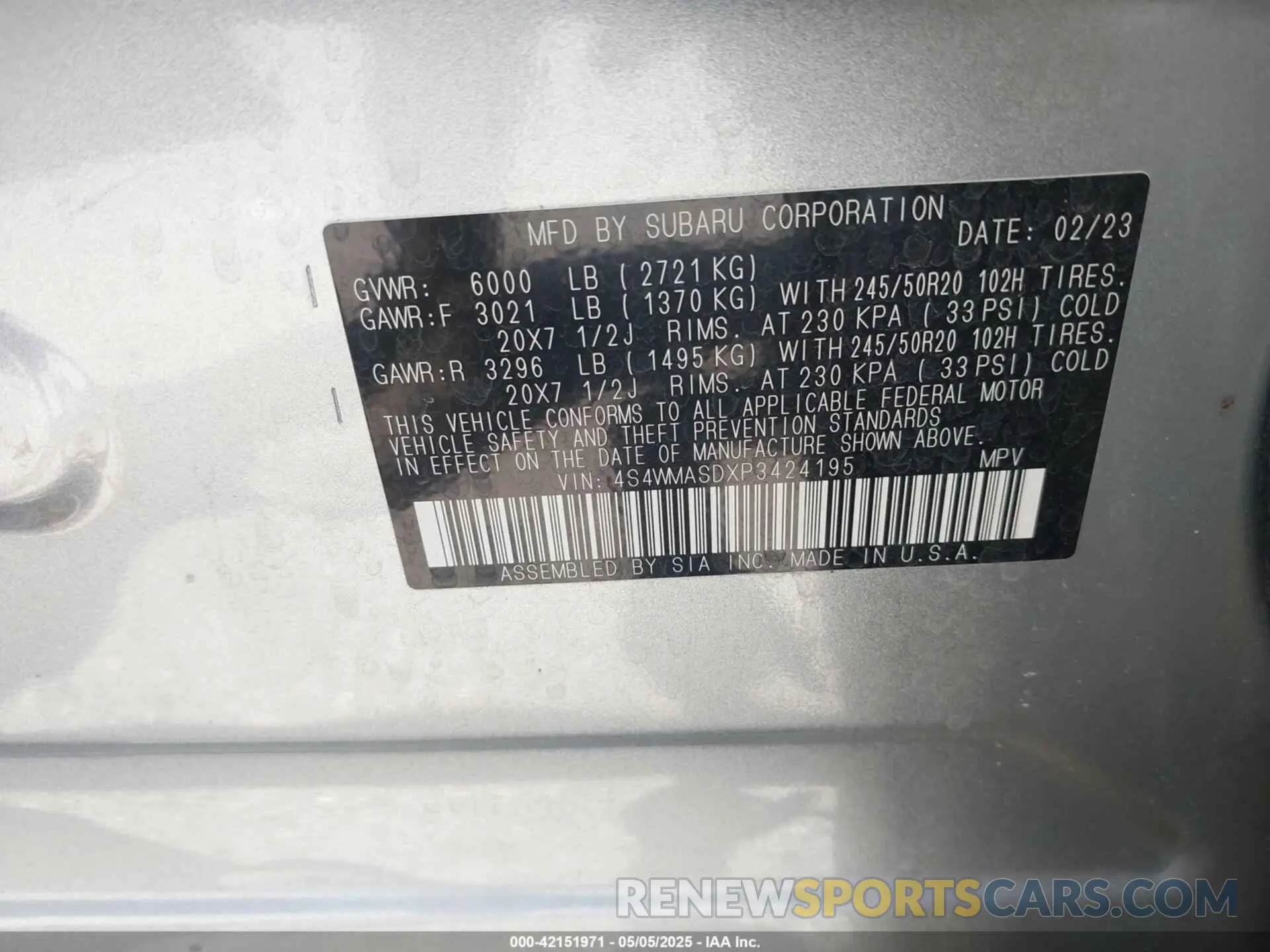 9 Photograph of a damaged car 4S4WMASDXP3424195 SUBARU ASCENT 2023