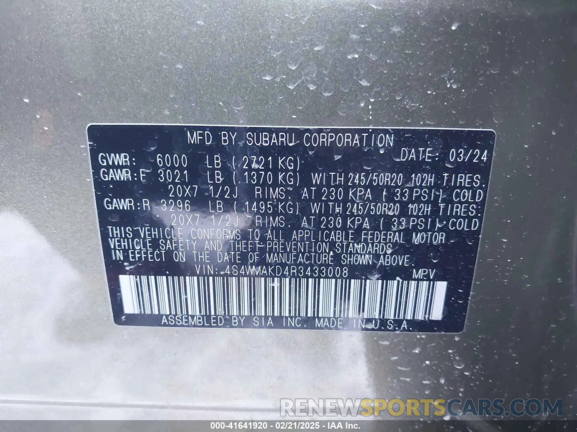 9 Photograph of a damaged car 4S4WMAKD4R3433008 SUBARU ASCENT 2024