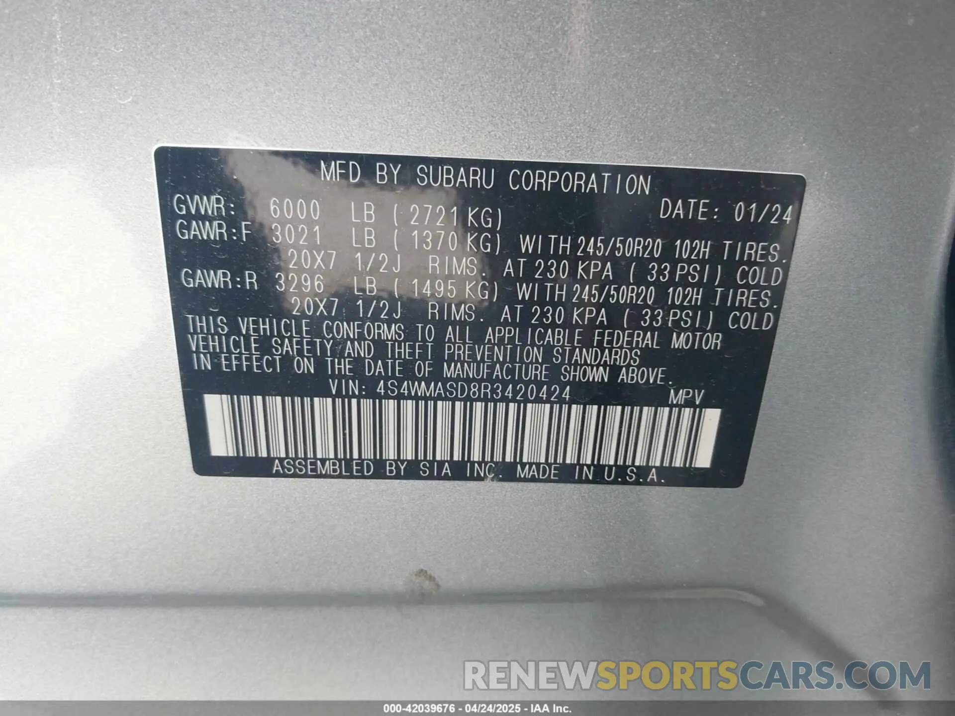 9 Photograph of a damaged car 4S4WMASD8R3420424 SUBARU ASCENT 2024
