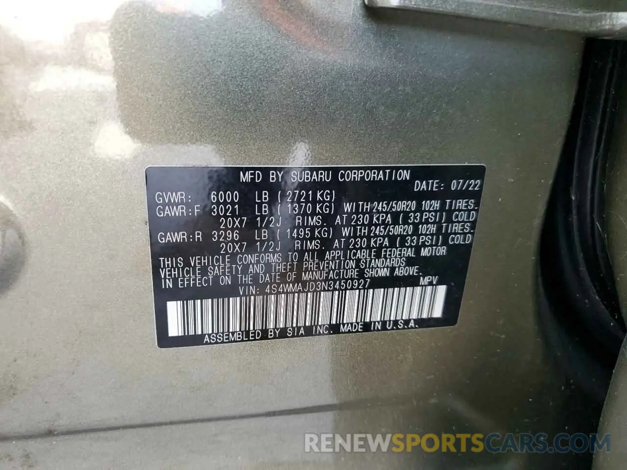 14 Photograph of a damaged car 4S4WMAJD3N3450927 SUBARU ASCENT ONY 2022