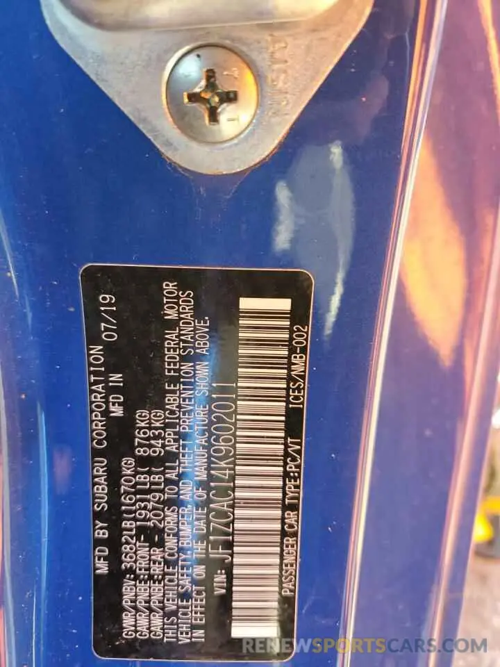 12 Photograph of a damaged car JF1ZCAC14K9602011 SUBARU BRZ 2019