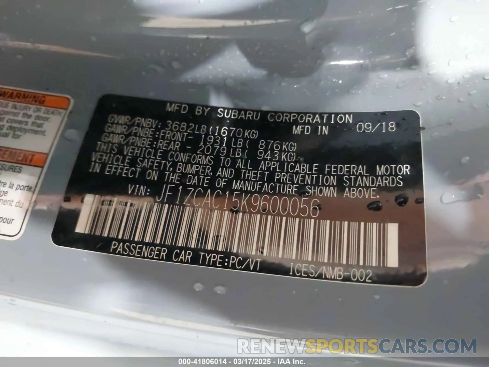 9 Photograph of a damaged car JF1ZCAC15K9600056 SUBARU BRZ 2019