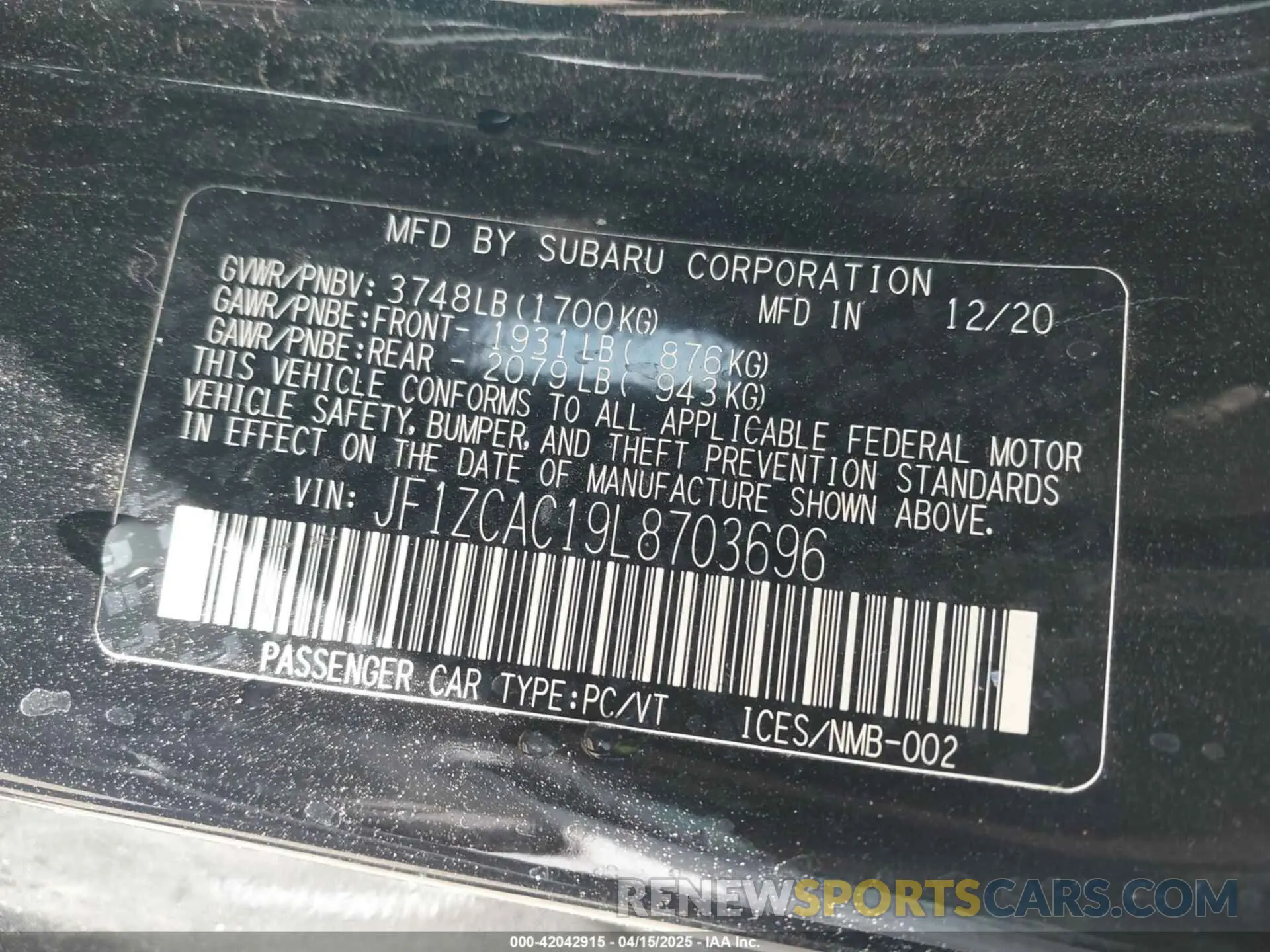 9 Photograph of a damaged car JF1ZCAC19L8703696 SUBARU BRZ 2020
