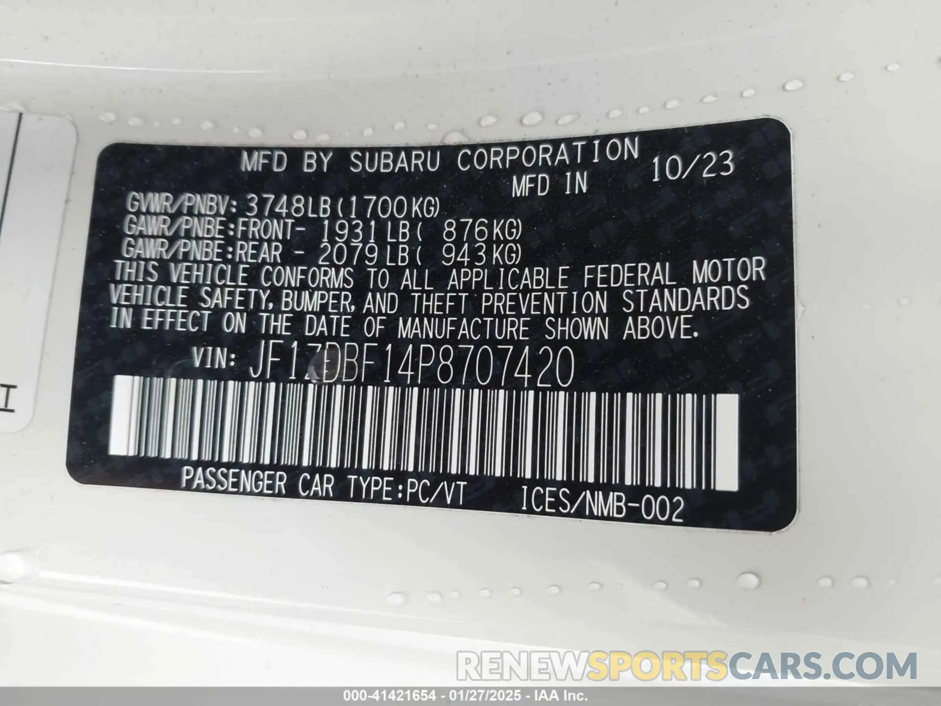 9 Photograph of a damaged car JF1ZDBF14P8707420 SUBARU BRZ 2023