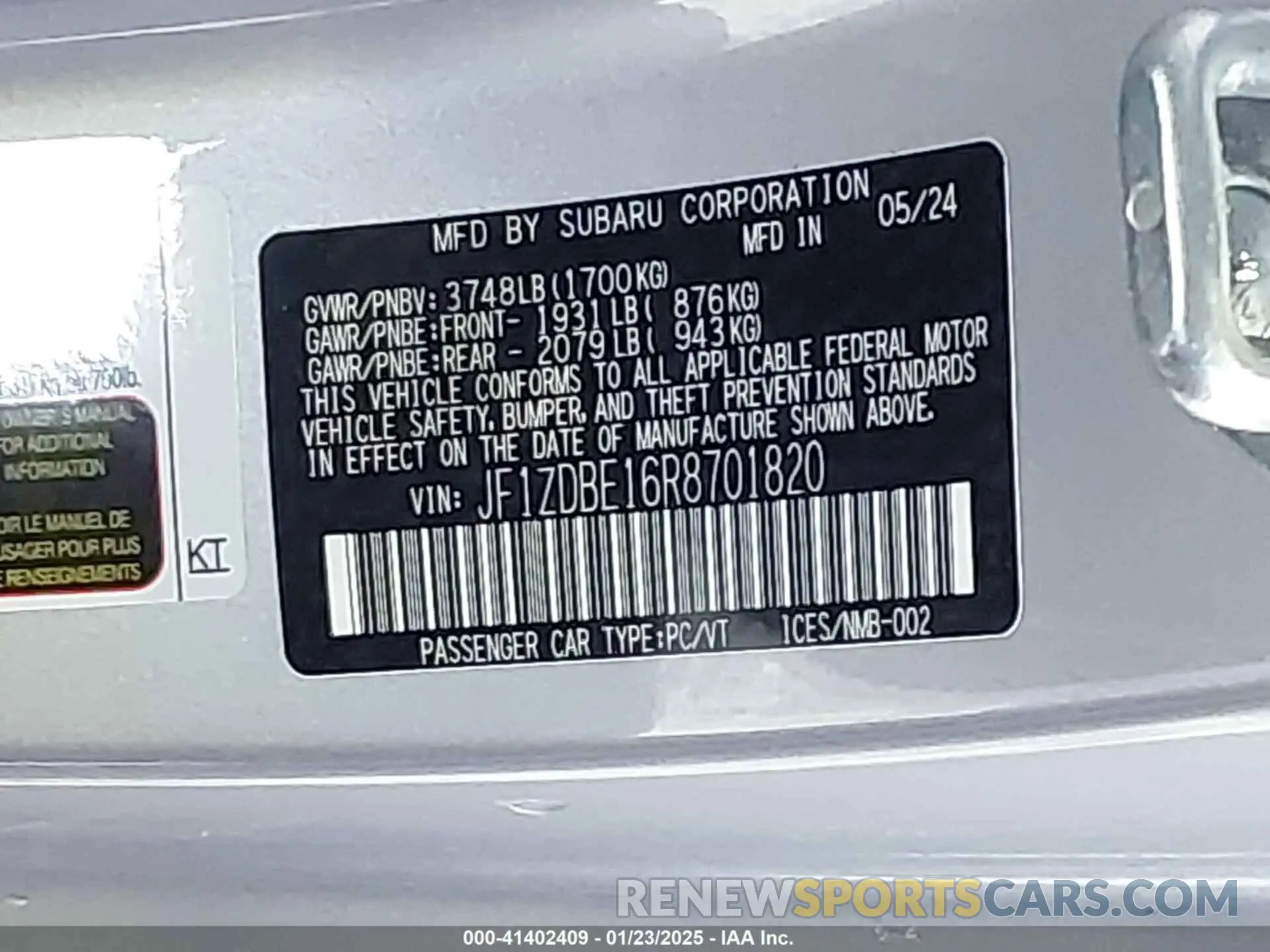 9 Photograph of a damaged car JF1ZDBE16R8701820 SUBARU BRZ 2024
