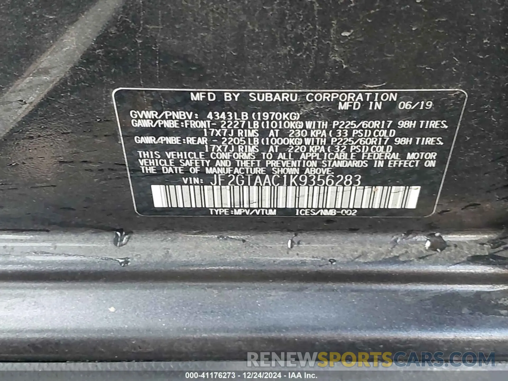 9 Photograph of a damaged car JF2GTAAC1K9356283 SUBARU CROSSTREK 2019