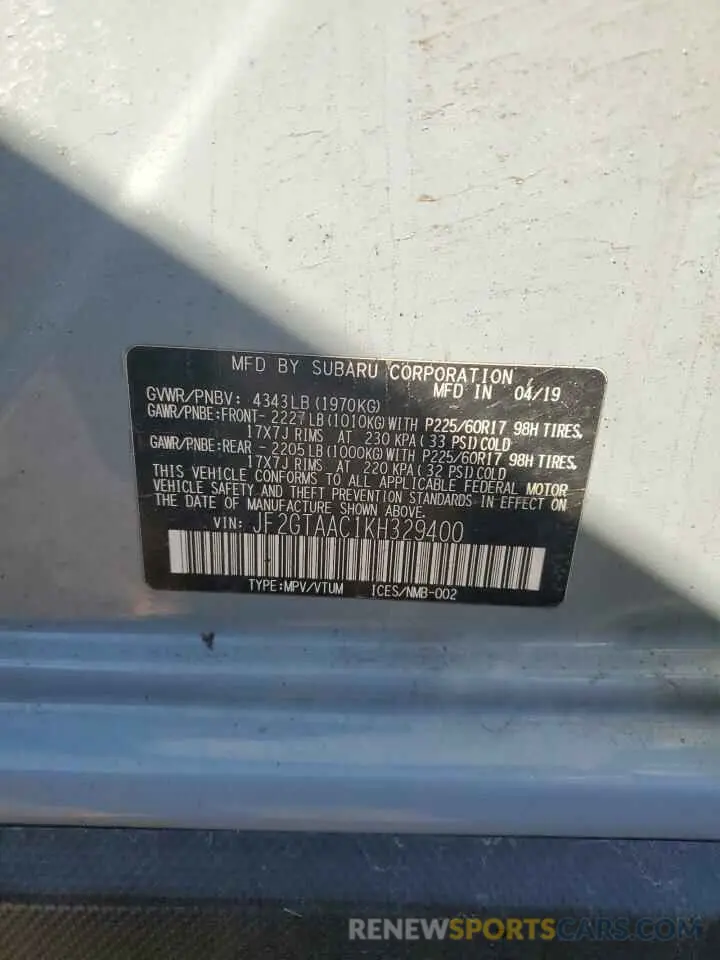 12 Photograph of a damaged car JF2GTAAC1KH329400 SUBARU CROSSTREK 2019