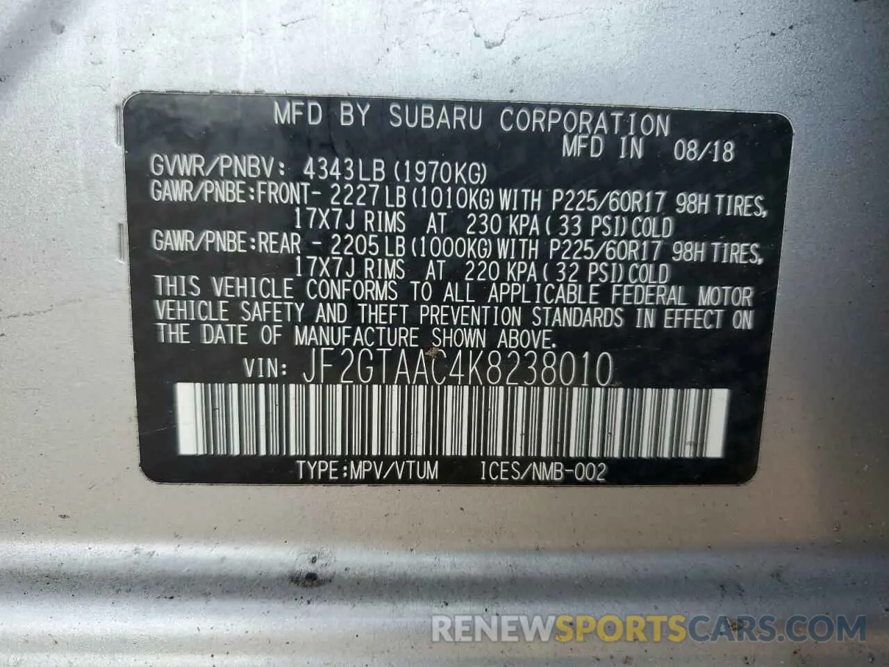 12 Photograph of a damaged car JF2GTAAC4K8238010 SUBARU CROSSTREK 2019