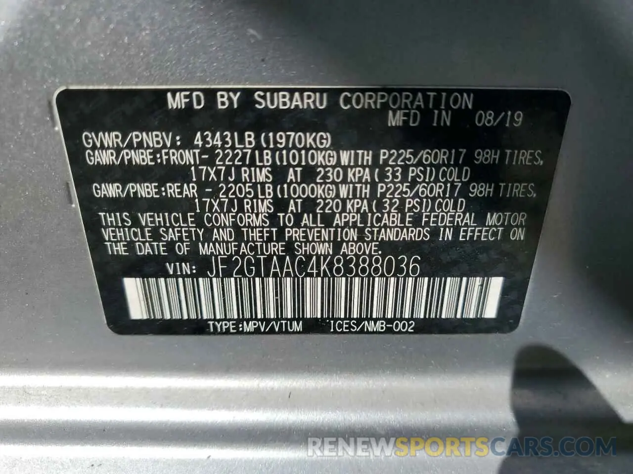 13 Photograph of a damaged car JF2GTAAC4K8388036 SUBARU CROSSTREK 2019