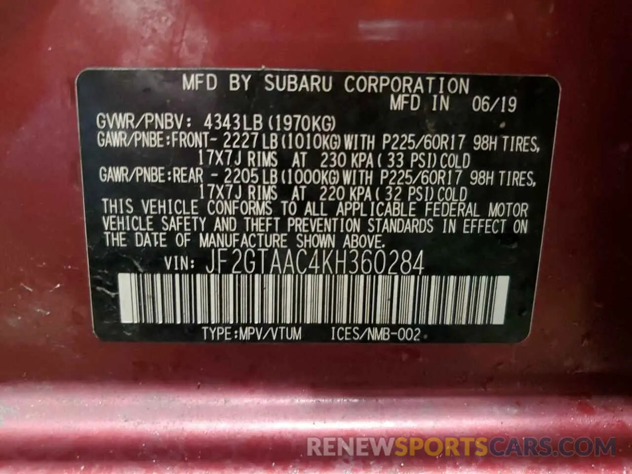 13 Photograph of a damaged car JF2GTAAC4KH360284 SUBARU CROSSTREK 2019