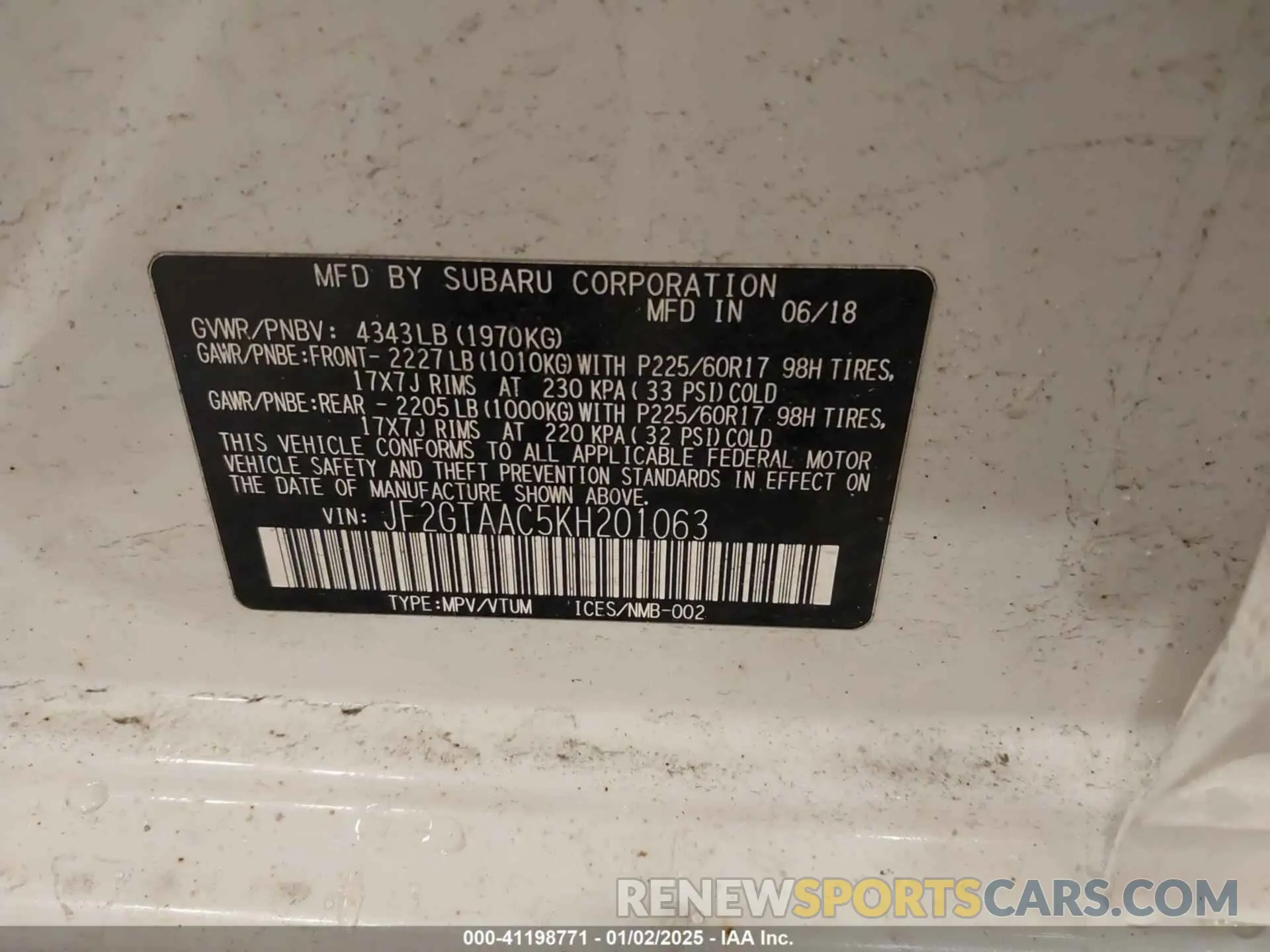9 Photograph of a damaged car JF2GTAAC5KH201063 SUBARU CROSSTREK 2019