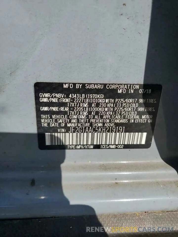 13 Photograph of a damaged car JF2GTAAC5KH219191 SUBARU CROSSTREK 2019