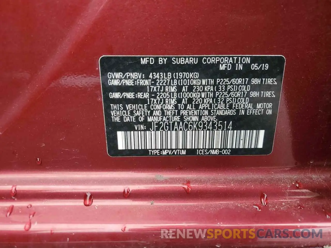 14 Photograph of a damaged car JF2GTAAC6K9343514 SUBARU CROSSTREK 2019
