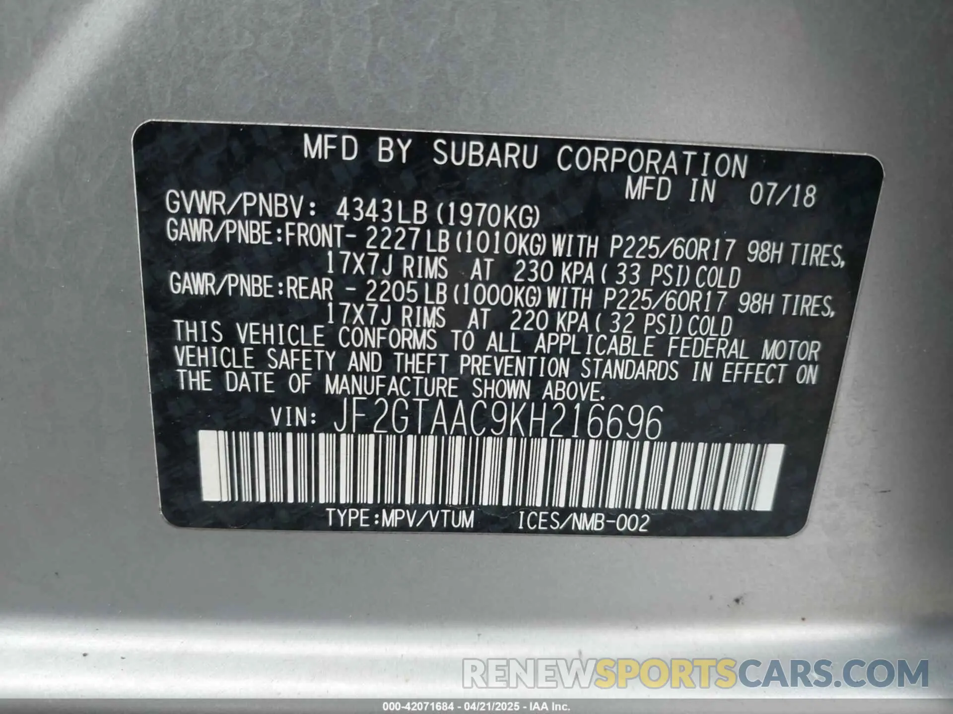 9 Photograph of a damaged car JF2GTAAC9KH216696 SUBARU CROSSTREK 2019