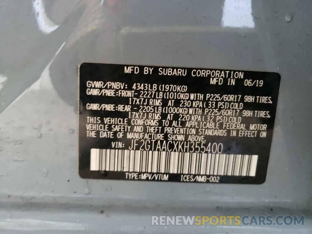 12 Photograph of a damaged car JF2GTAACXKH355400 SUBARU CROSSTREK 2019
