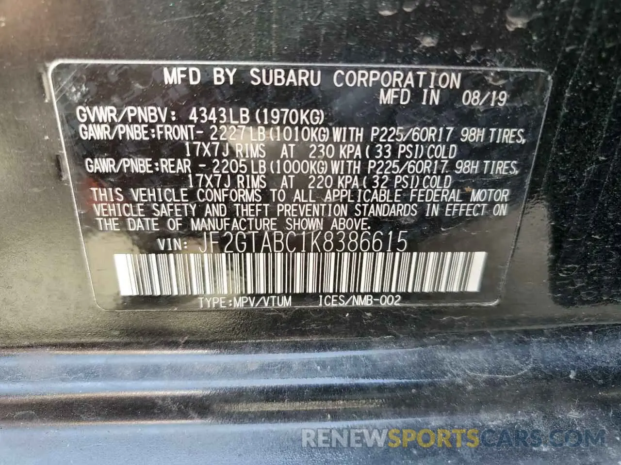 14 Photograph of a damaged car JF2GTABC1K8386615 SUBARU CROSSTREK 2019