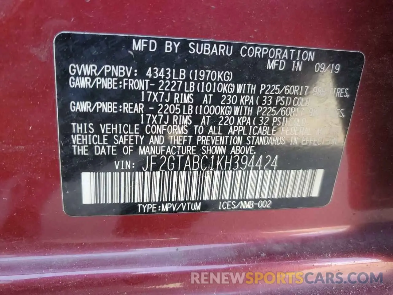 12 Photograph of a damaged car JF2GTABC1KH394424 SUBARU CROSSTREK 2019